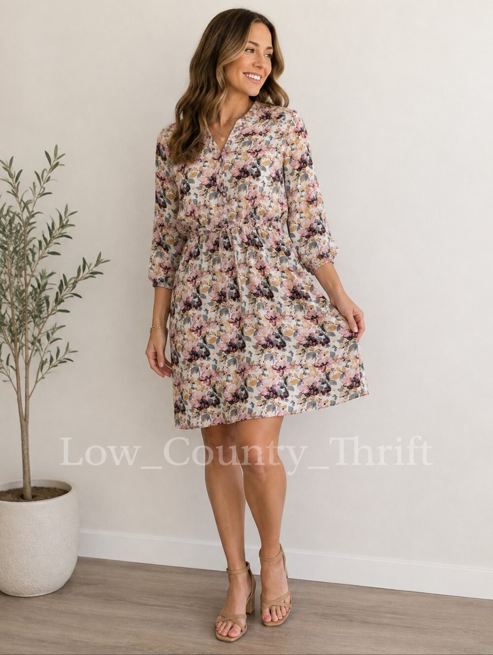 DE Collection Floral Dress Women's Medium Boho 3/4 Sleeve Drawstring Waist